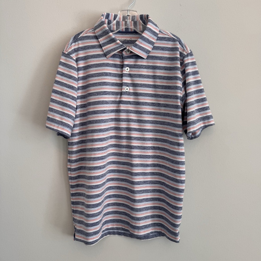 Johnnie-O Boys Crew Polo Lake Blue Striped Performance Jersey Shirt Youth 10